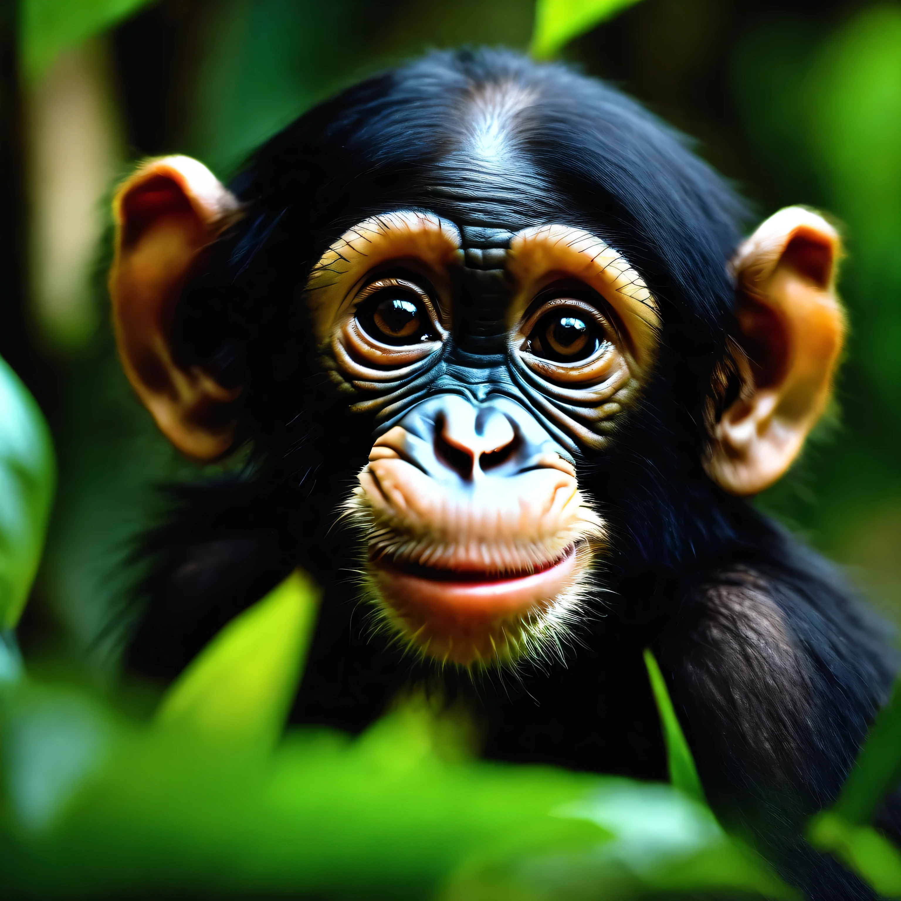 A close up adorable and cute Chimpanzee baby in a jungle