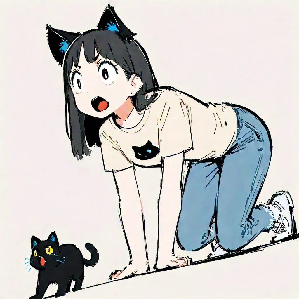 (shocked ,crouching ,open mouth) ,((standard height)) ,(Thick painting style),Bold line, ((masterpiece,)),(((Highest quality))),(sketch),((women in their 20s)),Short black hair,Black cat ears,T-Shirts,jeans