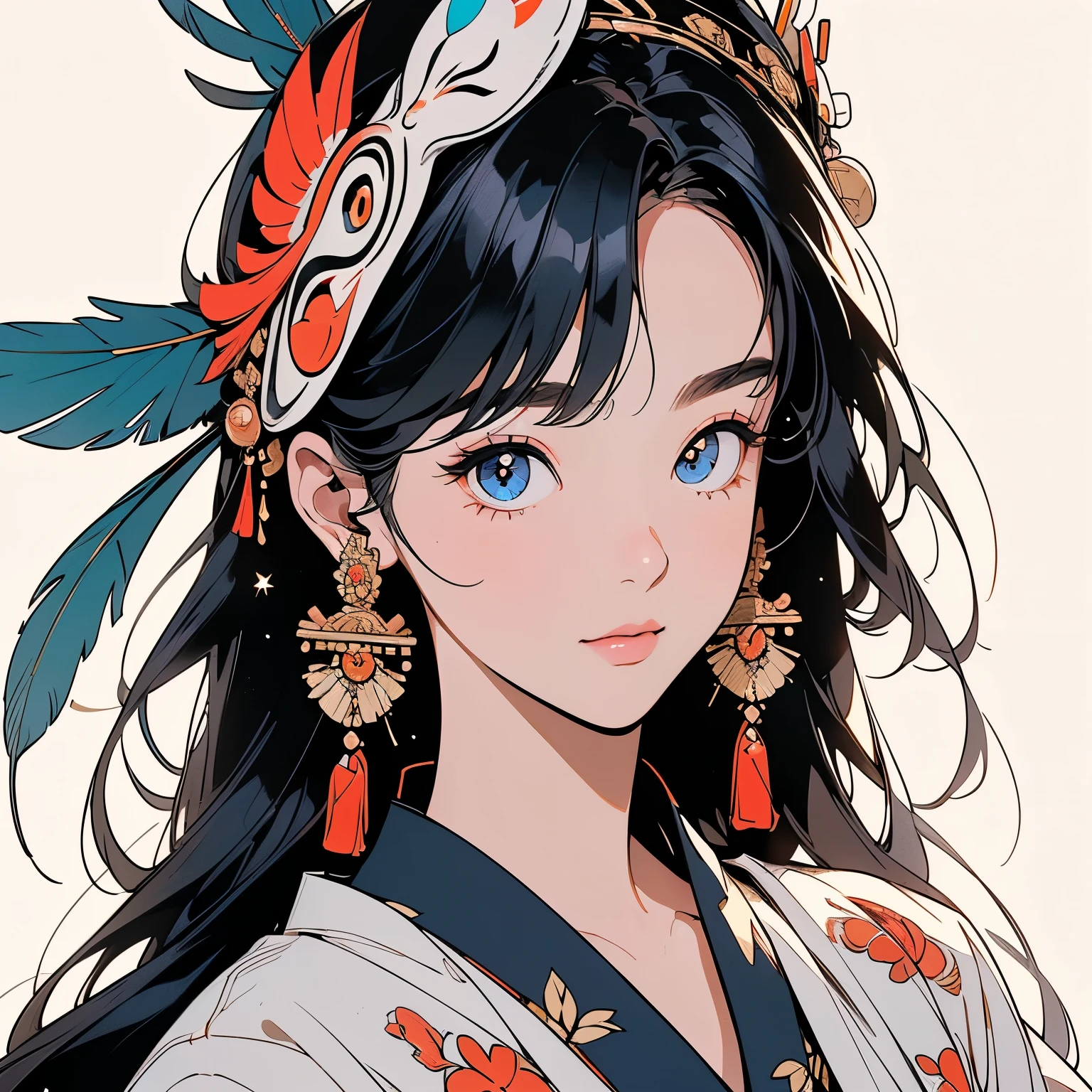 kimono, 完璧なkimono, 詳細なkimono, first-class, Super detailed, White background only, (((Super detailedな装飾))),One Woman, Perfect Face, Faint lighting, (((head shot))), Super detailedな髪、(((Sparkling Eyes))),mysterious, Golden Belt, The wind is blowing, Apparition, Japanese style, Panorama, Long Shot,  (((Narrow-eyed beauty))),(((Indian-style feather headdress on head))),Upper Body,(((Complex eye pattern)))、(((He wears an intricate bird-head mask on his head.)))、A beautiful woman、Detailed face、Best quality face、Large feather ornament