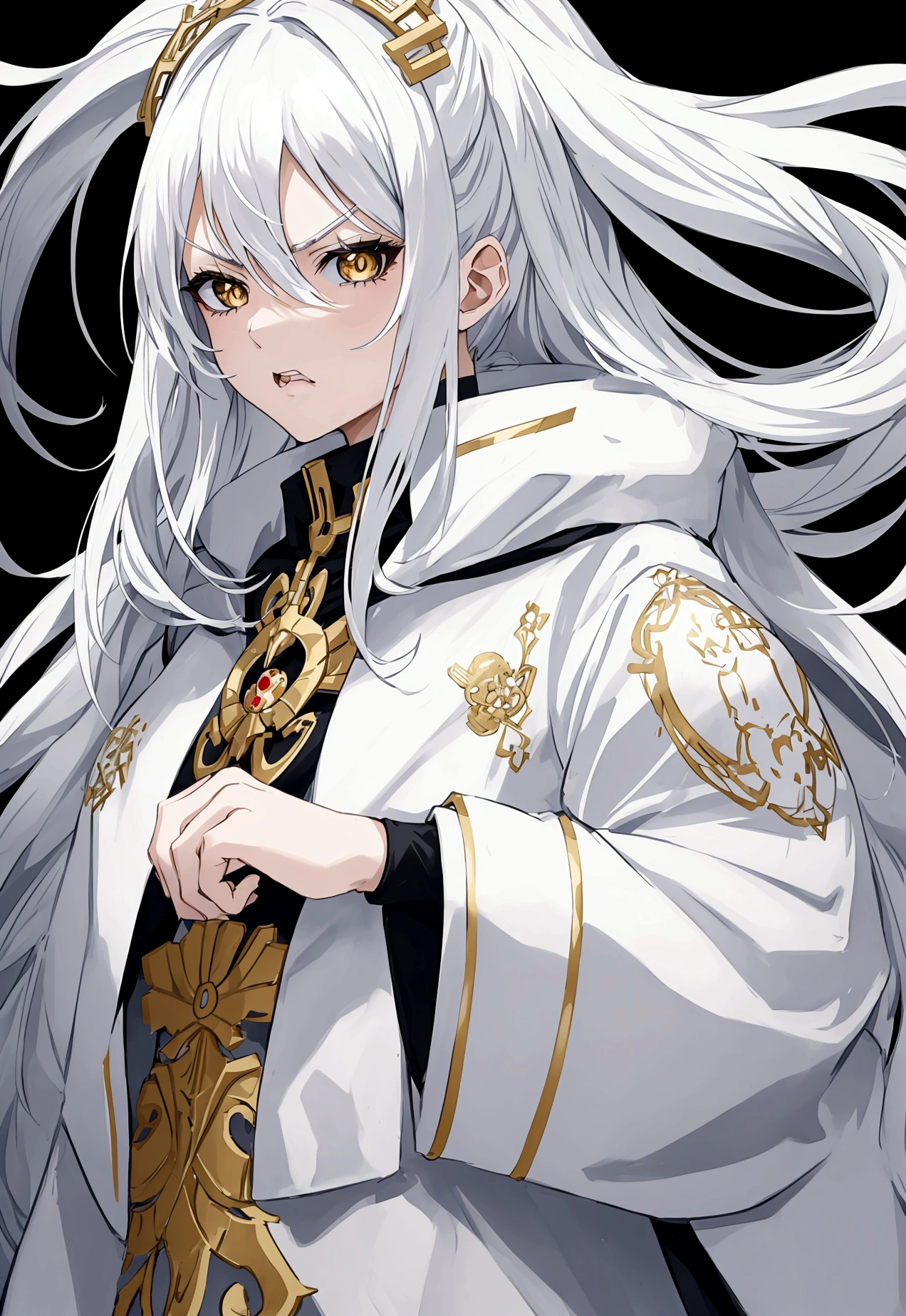 20 year old woman, anime style with a white and gold coat with cream white hair, angry white eyes