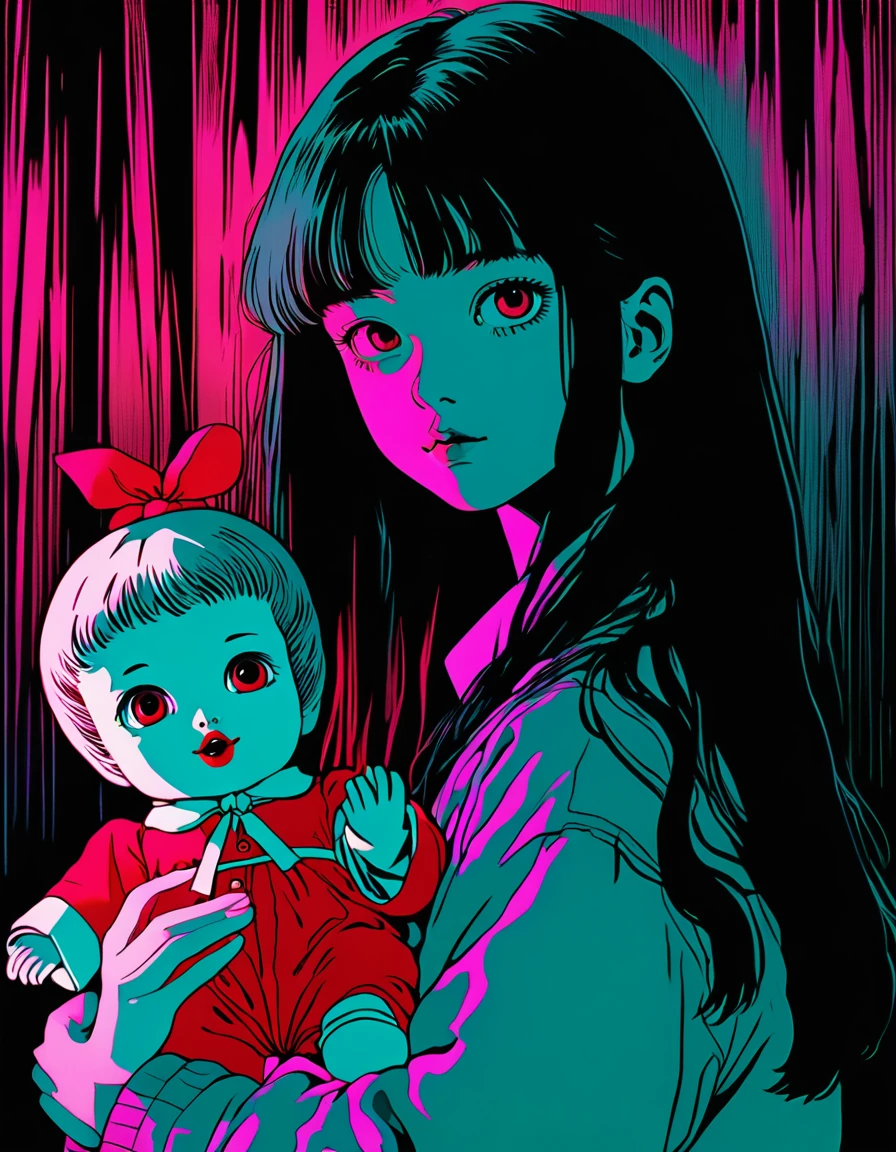 illust、art、from 80s horror movie, directed by Junji Ito、Girl holding a Japanese doll、high detail, realsitic shadow、Analog style, vhs style, 8mm film, chromatic aberration, Dvd screengrab、Complementary color gradient
