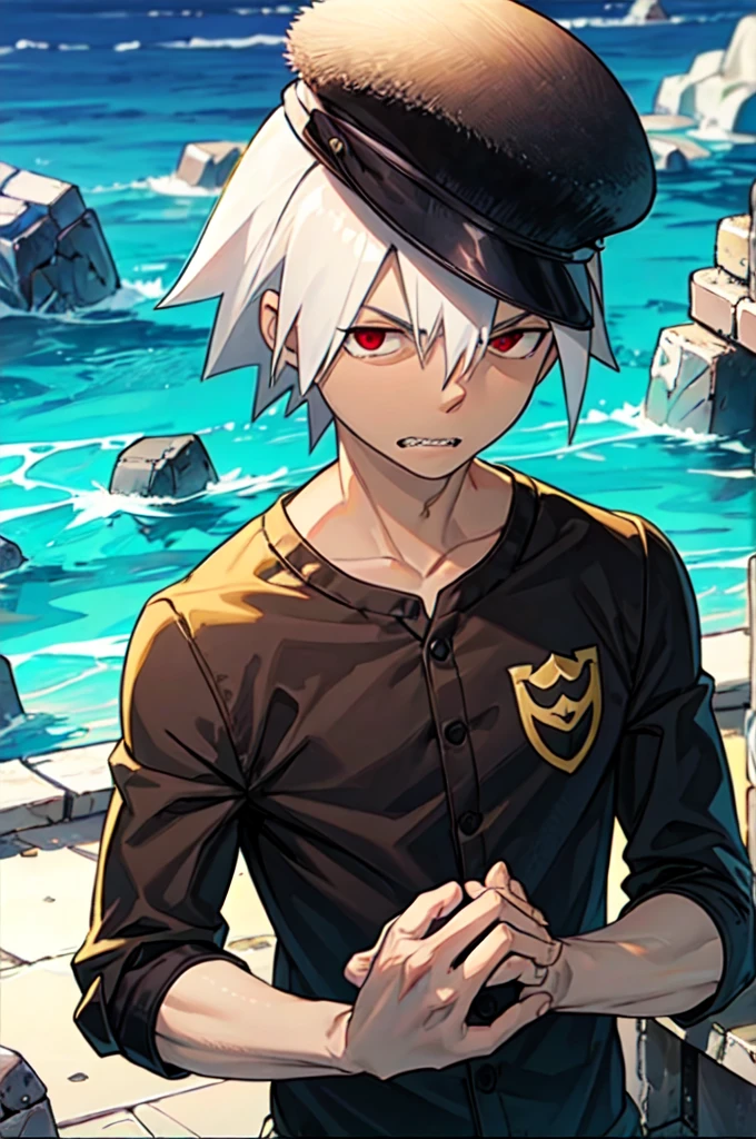 ​masterpiece, best quality, Game CG, 1 boy, alone, male focus, Viewers look at, upper body, , , , soul_Being_evans, white hair, red eye, spiky hair, Teeth, headband, Henley, bowler hat, Atlantis: A lost city of great wisdom and power, now drowned in the sea,