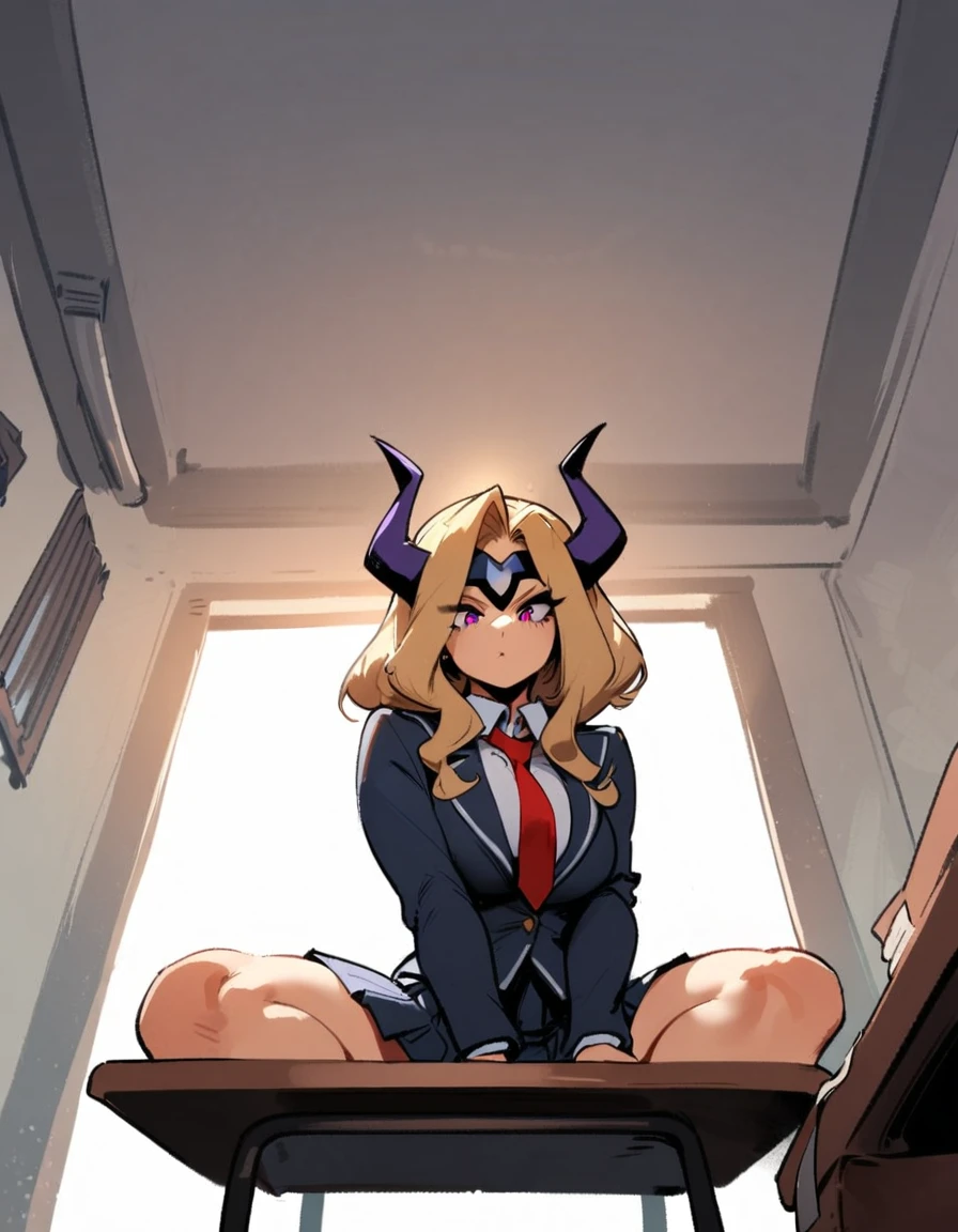 1girl, mount lady, boku no hero academia \\\\\ masterpiece, best quality, very aesthetic, absurdres, newest \\\\\\ sportive body,  \\\\\\  by dodok, nyantcha, cutesexyrobutts, by khyle ///// blonde, purple eyes,  (school uniform:1.2), skirt, , 24 years old, white background,tie,sit on desk, below view, 