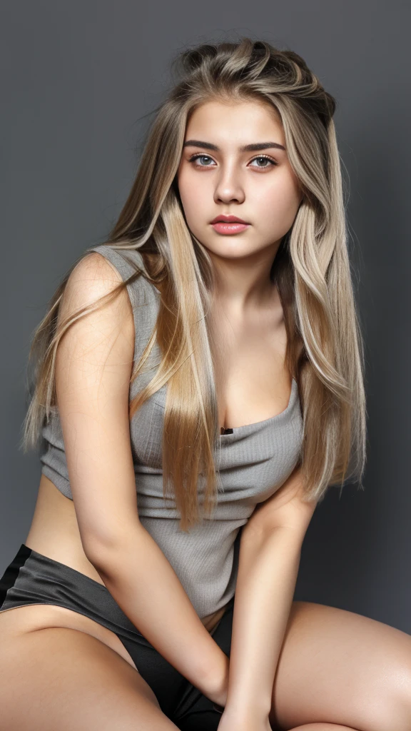 Leila、20-year-old、(Russian women),(((nsfw)))、gray eyes、thick upper lip、Blonde medium-long hair、alone,Big Bust 90cm、8 heads model style,Pale skin 、Angle up to the knee