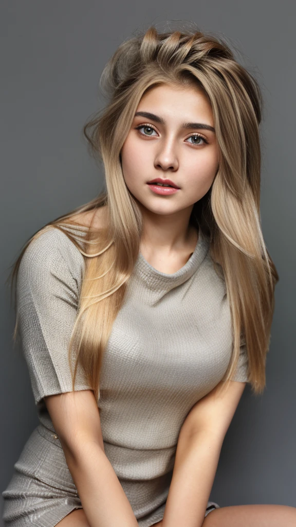 Leila、20-year-old、(Russian women),(((nsfw)))、gray eyes、thick upper lip、Blonde medium-long hair、alone,Big Bust 90cm、8 heads model style,Pale skin 、Angle up to the knee