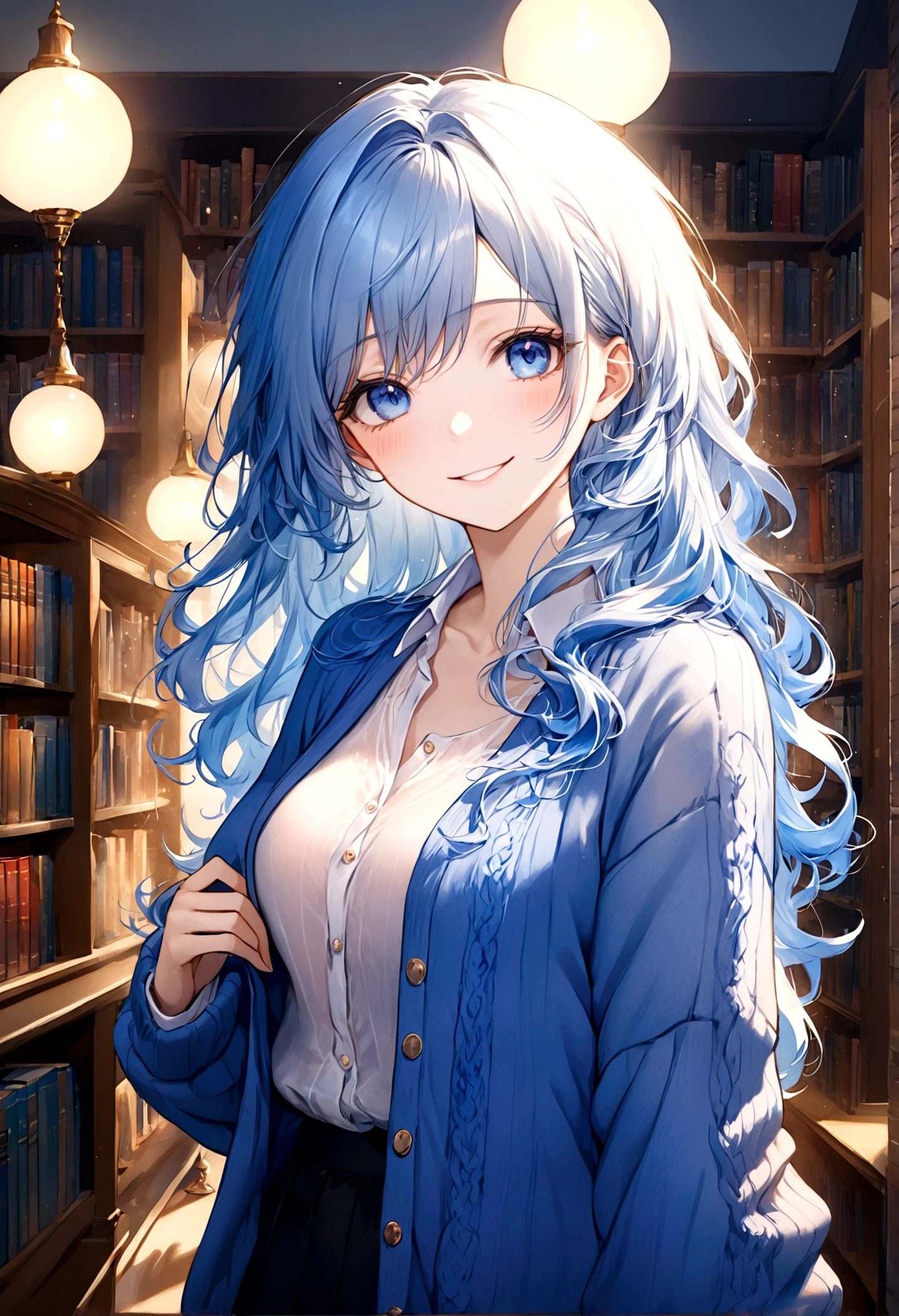 ((top-quality)), ((masterpiece)), ((ultra-detailliert)), (extremely delicate and beautiful), beautiful woman, bright light blue hair, long wavy hair, sapphire blue eyes, cozy cardigan, sheer white shirt under cardigan, sweet smile, fair complexion, library background