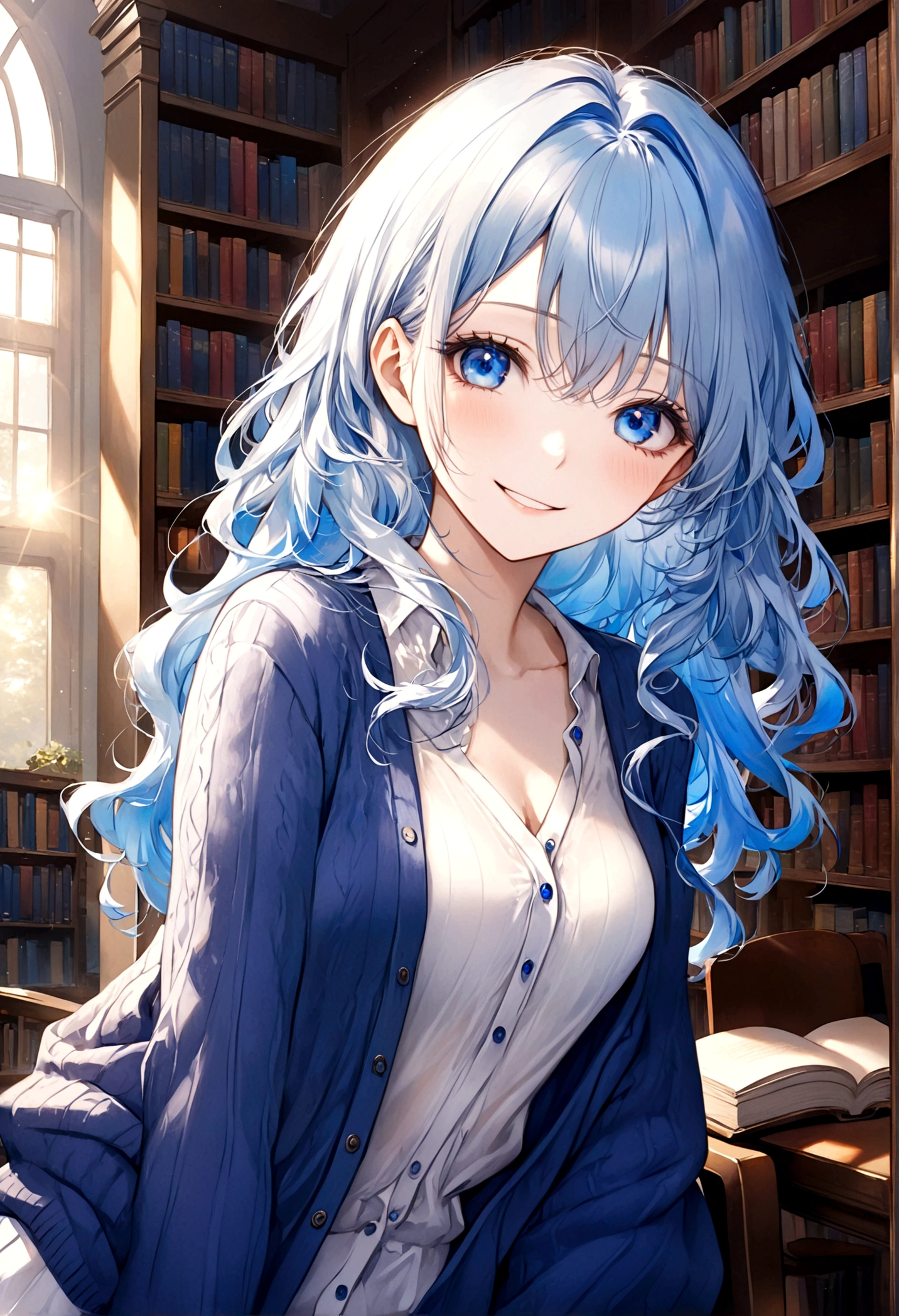 ((top-quality)), ((masterpiece)), ((ultra-detailliert)), (extremely delicate and beautiful), beautiful woman, bright light blue hair, long wavy hair, sapphire blue eyes, cozy cardigan, sheer white shirt under cardigan, sweet smile, fair complexion, library background