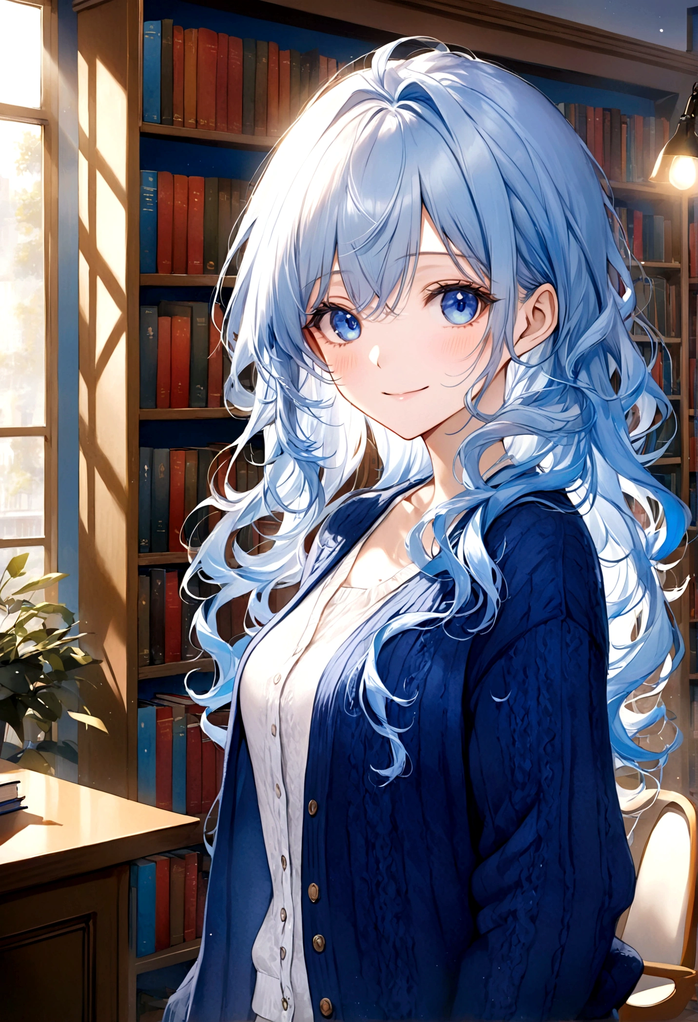 ((top-quality)), ((masterpiece)), ((ultra-detailliert)), (extremely delicate and beautiful), beautiful woman, bright light blue hair, long wavy hair, sapphire blue eyes, cozy cardigan, sheer white shirt under cardigan, sweet smile, fair complexion, library background