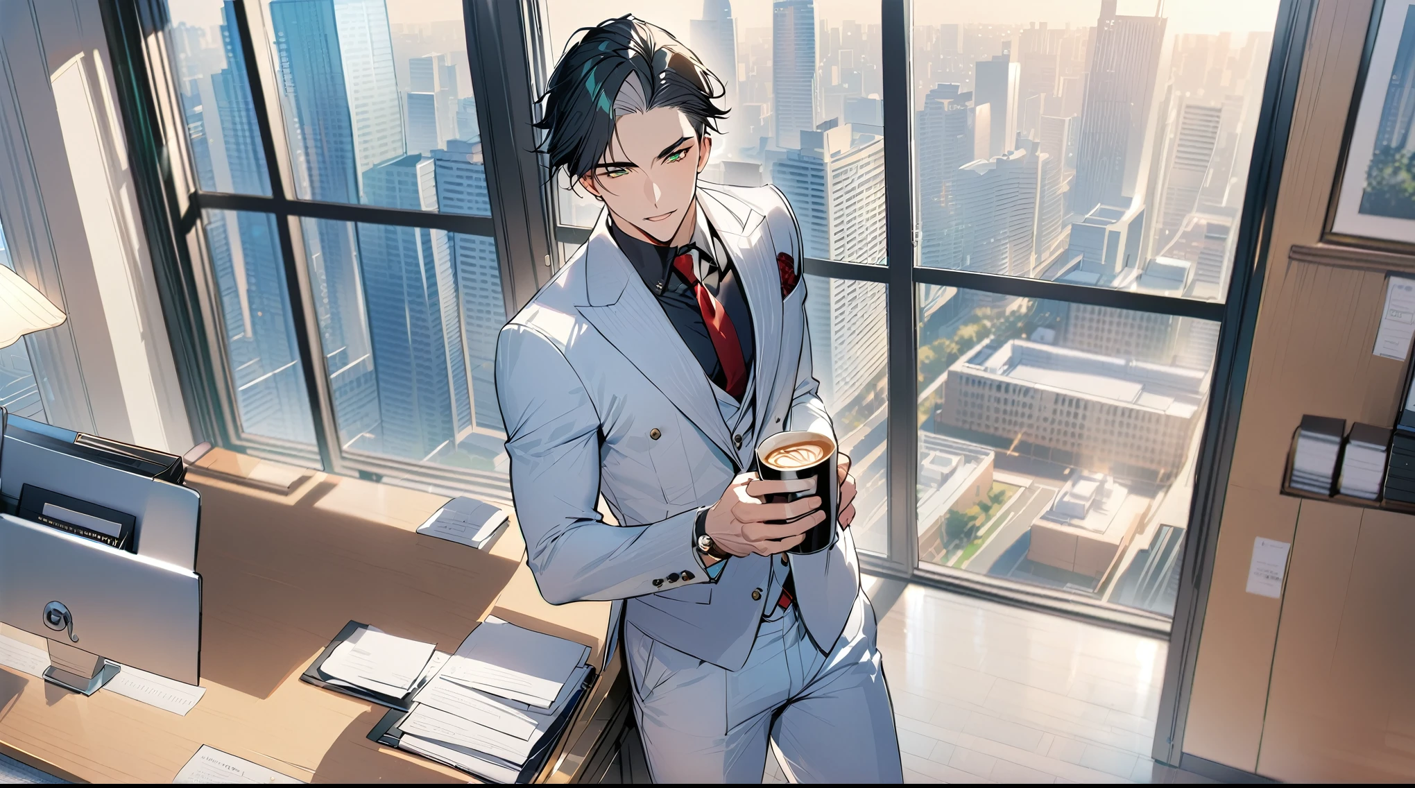 1 male, 25 years old British male, decisive, graceful, tattooed, emerald green eyes, black hair, white suit, black shirt, tie, British gentleman, white pants, office president, perfect body
Standing, holding a cup of coffee in his hand
((best quality)), ((masterpiece)), (detailed), office, president's office, floor-to-ceiling windows, top-down view scene,
