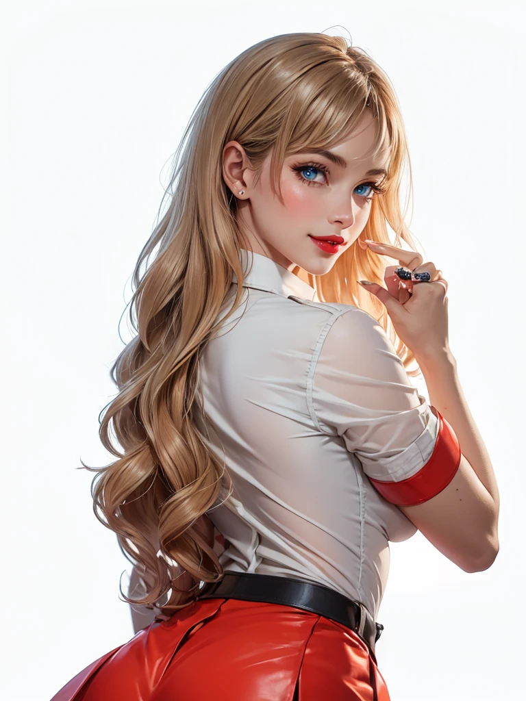 1 Girl, Cowboy shooting, 漂亮苗条的Airline stewardess, (stewardess:1.2), tight skirt, Not suitable for working hours, (cleveage:1.2), Neck scarf , Full lips, A pair of big clear eyes, Beautiful long brown hair, Shirt open, Half a smile, Broad shoulders, Small waist, Wide hips, Thigh gap, Camel toe, (complex, Very detailed, 8K, masterpiece), Soft tones, inner plane, Blurred background, Depth of Field, Bokeh, Lace panties ，blue eyes,（Brown curly hair：1.2），Bangs，Airline stewardess，Airline stewardess制服，Red skinny leather skirt，Light and Shadow，The sun shines on me， Hot red lips, , Correction of deformed fingers, Reality, Sharp eyes, (((Eyes looking at camera))) Smile

