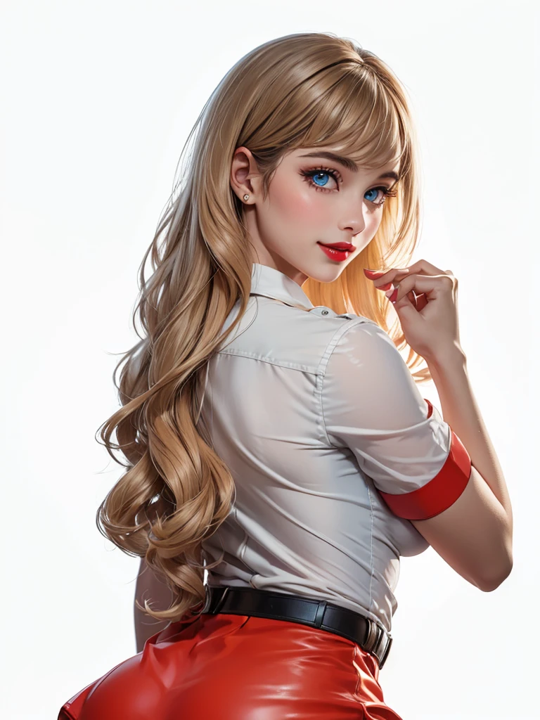 1 Girl, Cowboy shooting, 漂亮苗条的Airline stewardess, (stewardess:1.2), tight skirt, Not suitable for working hours, (cleveage:1.2), Neck scarf , Full lips, A pair of big clear eyes, Beautiful long brown hair, Shirt open, Half a smile, Broad shoulders, Small waist, Wide hips, Thigh gap, Camel toe, (complex, Very detailed, 8K, masterpiece), Soft tones, inner plane, Blurred background, Depth of Field, Bokeh, Lace panties ,blue eyes,(Brown curly hair:1.2),Bangs,Airline stewardess,Airline stewardess制服,Red skinny leather skirt,Light and Shadow,The sun shines on me, Hot red lips, Sexy open mouth, Correction of deformed fingers, Reality, Sharp eyes, (((Eyes looking at camera))) Smile