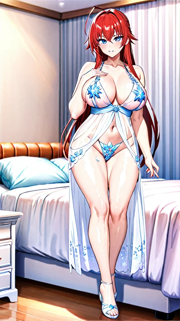 1girl, full body, masterpiece, best quality, perfect detail, ultra detail, bedroom, blue eyes, rias gremory, ahoge, large breasts, wide hips, thighs, mature female, royal icing, cosplay, see-through, jewelry, lingerie, babydoll