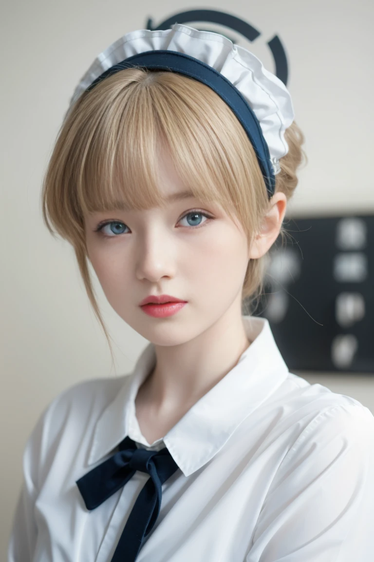 best quality, tmasterpiece,Ultra-high resolution,Clear face,（Reality：1.4），ferpect lighting，(upper body shot), (photorealistic:1.50), anime wallpaper, Guviz style artwork, cover-up fantasy up to magic, by Yang J, Guviz, beautiful artwork illustration, beautiful digital artwork, beautiful digital illustration, Li Song, beautiful anime portrait, art style in Beauvot, 独奏, 1girl, tokirnd, expressionless, closed mouth, own hands together, short blonde hair, maid headdress, blue eyes, dripjacket