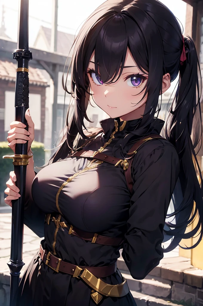 Dark Paladin,beautiful breasts,Hair Color is gold,hair style is sideponytali, hair over one eye,high Quality,best quality,holding sword