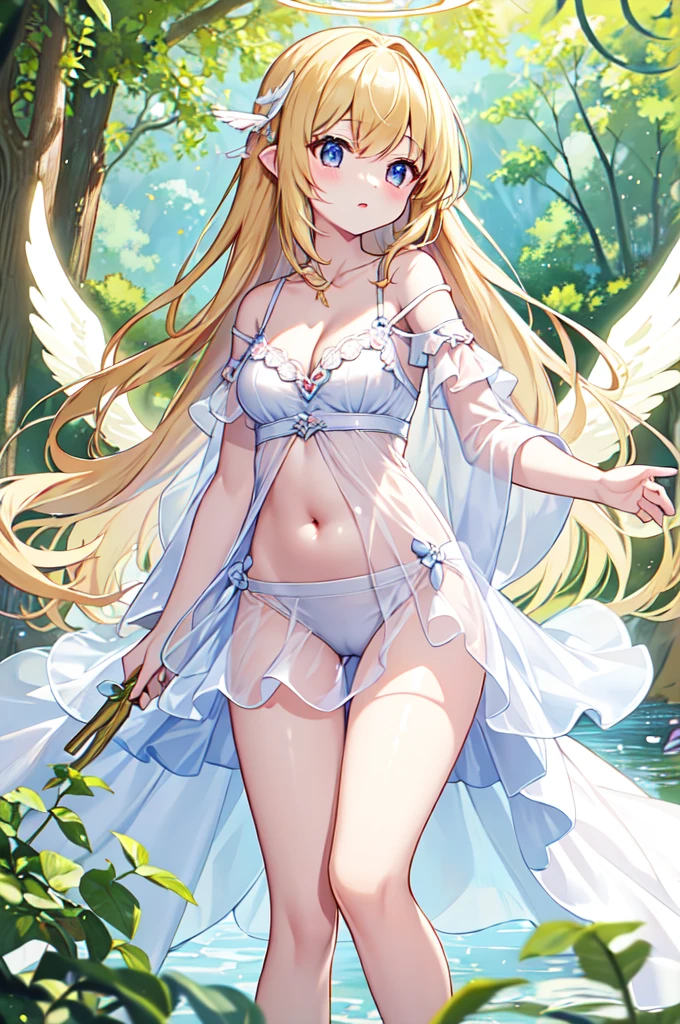 (masterpiece)、(Highest quality)、(Super Detail)、(Best Anatomy)、Light Hair,Angel of Color , See-through dress, Small breasts, Cleavage, Off the shoulder, Underbust, Thighs, Belly button,、Floating above a forest spring