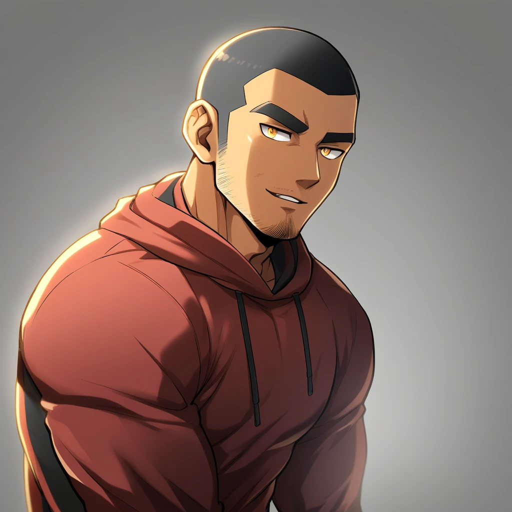 anime characters：Gyee, Young Muscle Sports Teacher, negro black skin, Buzz Cut, Manliness, male focus, Dark red long-sleeved hooded sweatshirt, Very tight, muscular male, muscular, only, Upper body, alone, Black short hair, Thick eyebrows, stubble, Yellow eyes, Grey background, simple background, amazing quality, best aesthetics, Ridiculous, bright pupils, crew cut, parted lips, seductive smile, torogao, naughty face, best quality