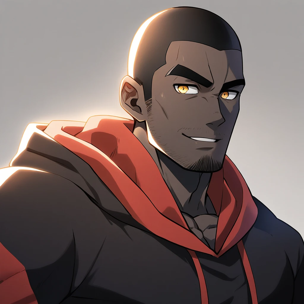 anime characters：Gyee, Young Muscle Sports Teacher, negro black skin, Buzz Cut, Manliness, male focus, Dark red long-sleeved hooded sweatshirt, Very tight, muscular male, muscular, only, Upper body, alone, Black short hair, Thick eyebrows, stubble, Yellow eyes, Grey background, simple background, amazing quality, best aesthetics, Ridiculous, bright pupils, crew cut, parted lips, seductive smile, torogao, naughty face, best quality