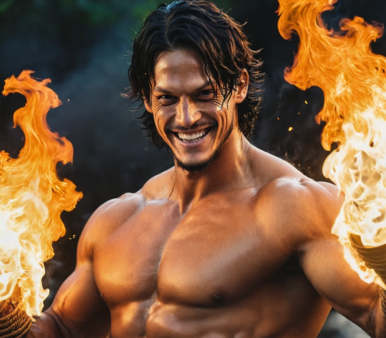 Brazilian Actor Lucas Amorim, Portgas D Ace, One Piece Live Action, muscular, malicious smile, breathing fire through his hand
