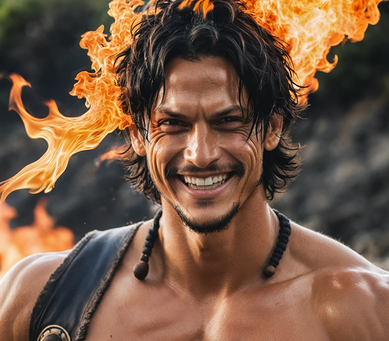 Brazilian Actor Lucas Amorim, Portgas D Ace, One Piece Live Action, muscular, malicious smile, breathing fire through his hand
