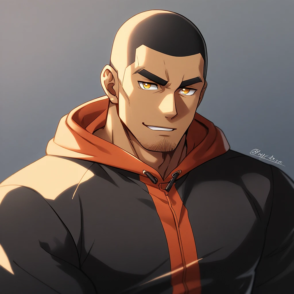 anime characters:Gyee, Young Muscle Sports Teacher, negro black skin, Buzz Cut, Manliness, male focus, Dark red long-sleeved hooded sweatshirt, Very tight, muscular male, muscular, only, Upper body, alone, Black short hair, Thick eyebrows, stubble, Yellow eyes, Grey background, simple background, amazing quality, best aesthetics, Ridiculous, bright pupils, crew cut, parted lips, seductive smile, torogao, naughty face, best quality