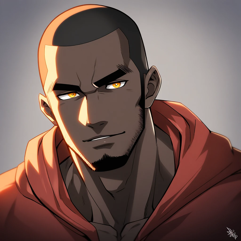 anime characters：Gyee, Young Muscle Sports Teacher, negro black skin, Buzz Cut, Manliness, male focus, Dark red long-sleeved hooded sweatshirt, Very tight, muscular male, muscular, only, Upper body, alone, Black short hair, Thick eyebrows, stubble, Yellow eyes, Grey background, simple background, amazing quality, best aesthetics, Ridiculous, bright pupils, crew cut, parted lips, seductive smile, torogao, naughty face, best quality