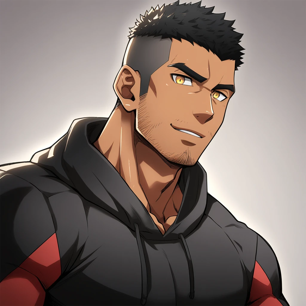 anime characters：Gyee, Young Muscle Sports Teacher, negro black skin, Buzz Cut, Manliness, male focus, Dark red long-sleeved hooded sweatshirt, Very tight, muscular male, muscular, only, Upper body, alone, Black short hair, Thick eyebrows, stubble, Yellow eyes, Grey background, simple background, amazing quality, best aesthetics, Ridiculous, bright pupils, crew cut, parted lips, seductive smile, torogao, naughty face, best quality