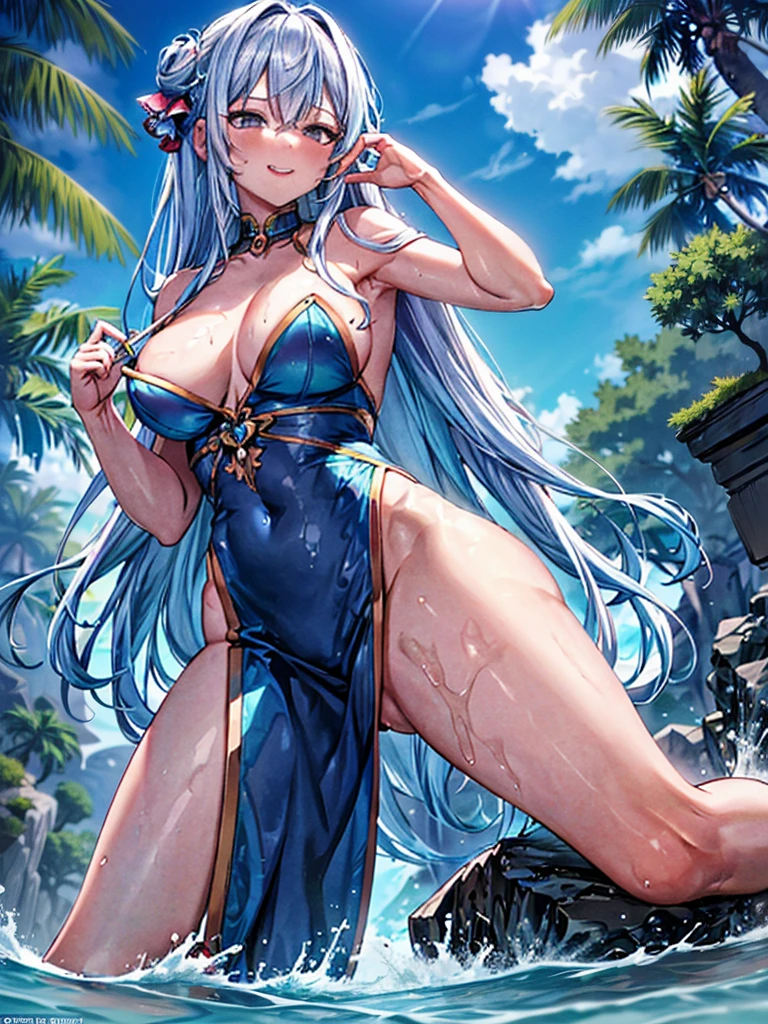 Neridia, a mermaid transformed into a 55 meter giant, emerges from the waters at sunset, her iridescent blue skin glowing in the light of the setting sun. Her long silver hair falls wet over her shoulders and back.. and splendid, standing on a lonelh, her posture is graceful and tempting, with one leg forward and one hand playing with his wet hair, while the other caresses her hip. His eyes, full of mystery and desire, The at the tiny humans at their feet, fascinated by its aquatic beauty. Her full lips curve into a suggestive smile and her perfectly sculpted body exudes an aura of marine eroticism., envelveryone present in a spell of submission and uncontrollable desire.