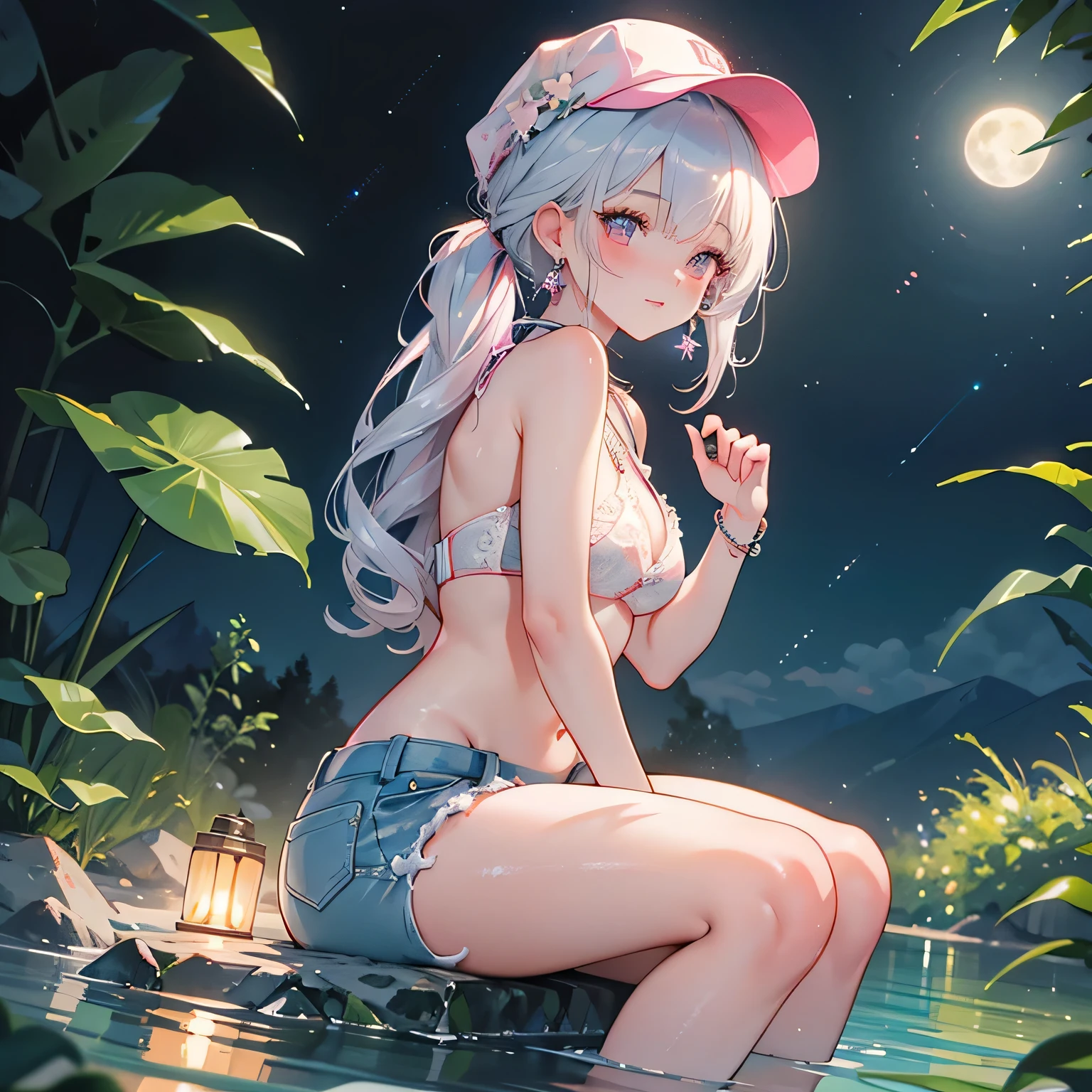 looking back,low angle,from below,
((masterpiece:1.4, best quality)), ((masterpiece, best quality)),low angle,beautiful pony tail silver pink hair,beautiful pink eyes,little cute girl,full body, sitting in the water falls,lovely laugh,denim baseball cap, ((elegant summer bikini)), (white over-kneehighs,Lace chalker, wristband, diamond necklace,earrings),cinematic lighting and pause,beautiful natural mysterious park,lots of colorful flowers,starry night sky,full moon,