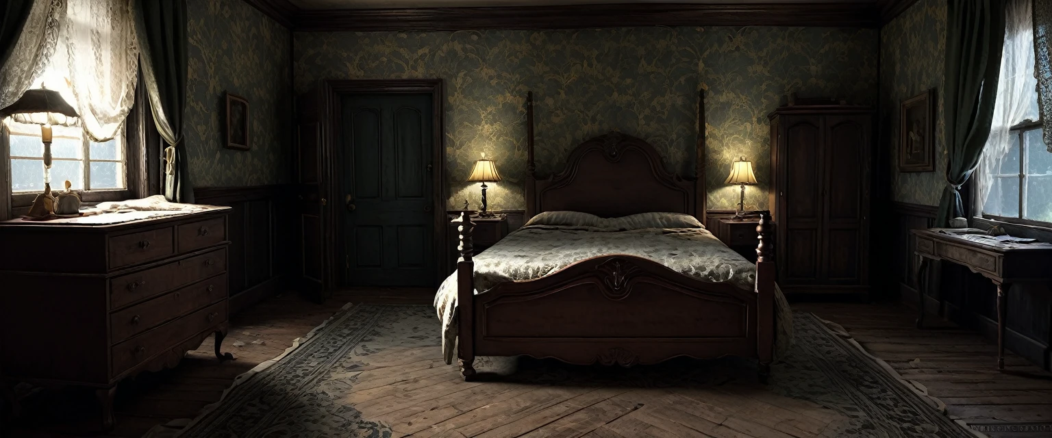 Visualize a colonial-style bed in an old, eerie bedroom at midnight. The room is dimly lit by moonlight streaming through tattered curtains, casting long shadows across the antique furniture and peeling wallpaper. The atmosphere is thick with an unsettling silence, broken only by the occasional creak of the wooden floor. (realistic, mystic, mysterious, no people, detailed)