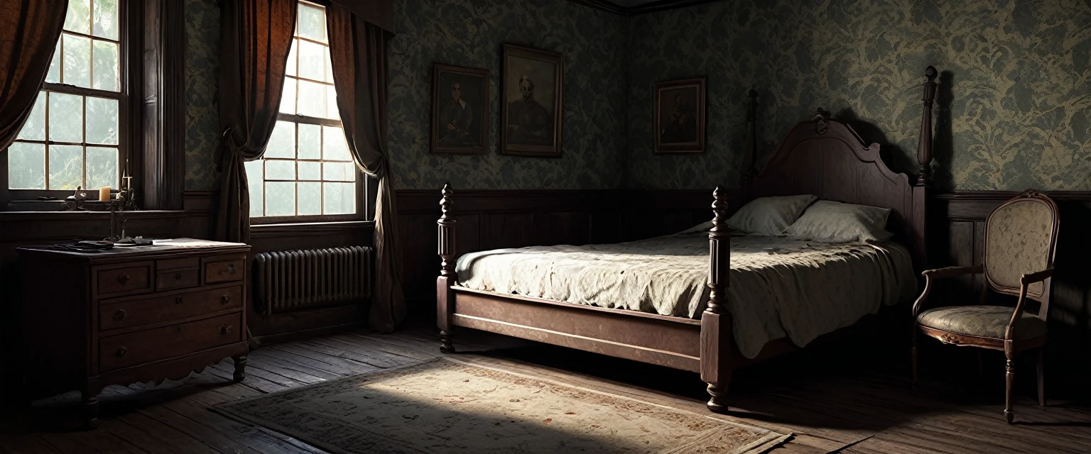Visualize a colonial-style bed in an old, eerie bedroom at midnight. The room is dimly lit by moonlight streaming through tattered curtains, casting long shadows across the antique furniture and peeling wallpaper. The atmosphere is thick with an unsettling silence, broken only by the occasional creak of the wooden floor. (realistic, mystic, mysterious, no people, detailed)