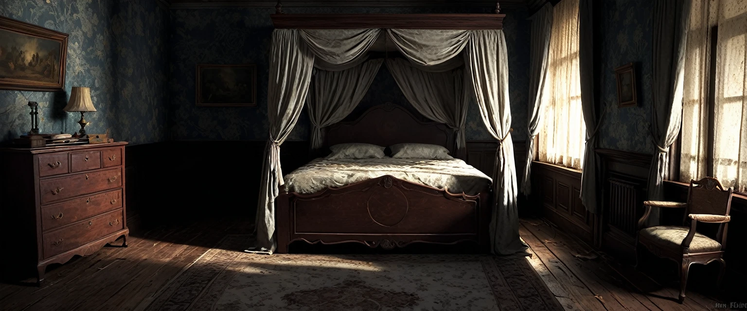 Visualize a colonial-style bed in an old, eerie bedroom at midnight. The room is dimly lit by moonlight streaming through tattered curtains, casting long shadows across the antique furniture and peeling wallpaper. The atmosphere is thick with an unsettling silence, broken only by the occasional creak of the wooden floor. (realistic, mystic, mysterious, no people, detailed)