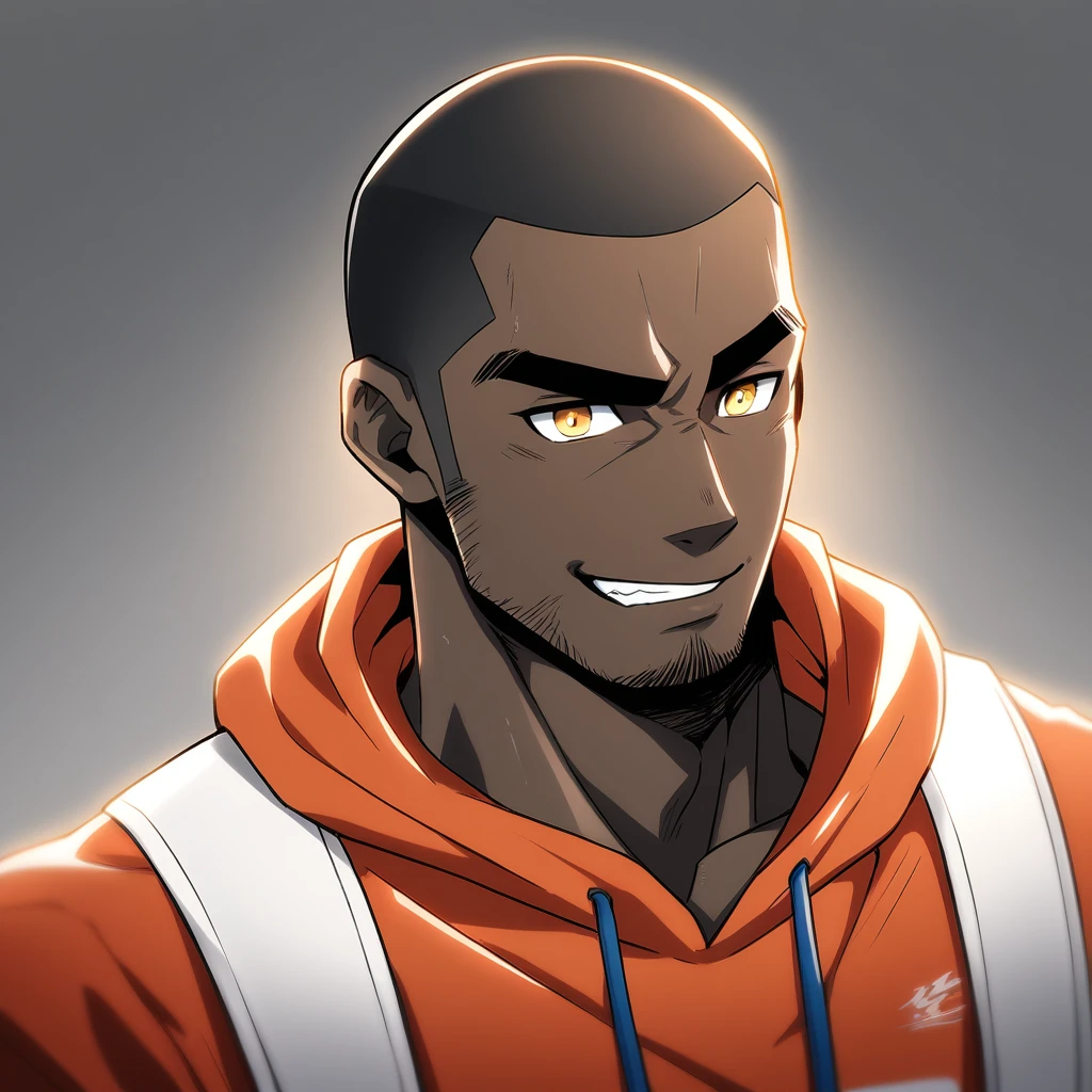 anime characters:Gyee, Young Muscle Sports Teacher, negro black skin, Buzz Cut, Manliness, male focus, Dark red long-sleeved hooded sweatshirt, Very tight, muscular male, muscular, only, Upper body, alone, Black short hair, Thick eyebrows, stubble, Yellow eyes, Grey background, simple background, amazing quality, best aesthetics, Ridiculous, bright pupils, crew cut, parted lips, seductive smile, torogao, naughty face, best quality