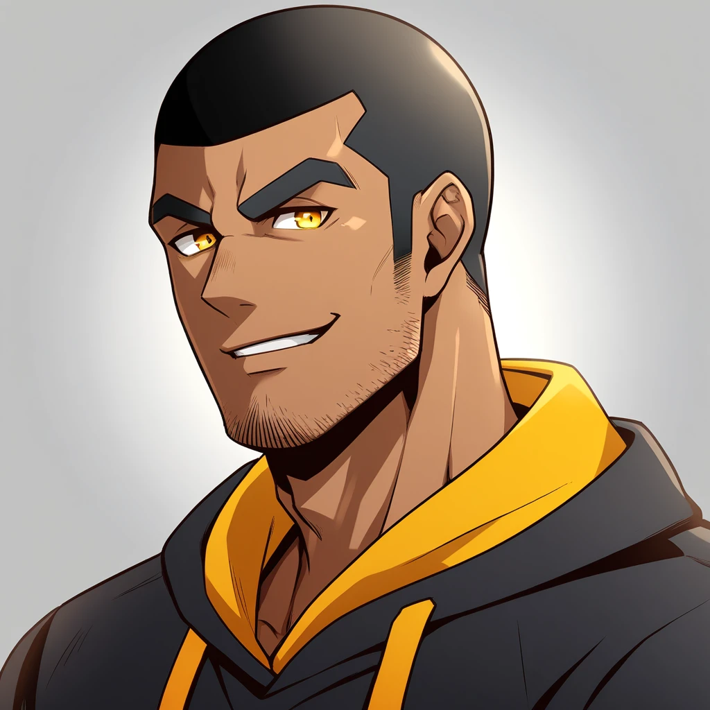anime characters:Gyee, Young Muscle Sports Teacher, negro black skin, Buzz Cut, Manliness, male focus, Dark red long-sleeved hooded sweatshirt, Very tight, muscular male, muscular, only, Upper body, alone, Black short hair, Thick eyebrows, stubble, Yellow eyes, Grey background, simple background, amazing quality, best aesthetics, Ridiculous, bright pupils, crew cut, parted lips, seductive smile, torogao, naughty face, best quality