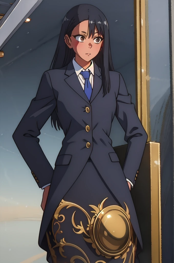 (masterpiece, top quality, best quality, official art, high resolution, distinct_image), 1girl, colorful, detailed, stunning woman, high detail, soft features, soft skin, Hamilton the Musical inspired, half body, small forehead, short forehead, long hair, slighty messy soft brown hair, middle parted hair with loose strands, dark brown hair that is slightly pulled back and pinned out of her face in a simple way but her hair is still down, hazel eyes, 24 years old, young, wearing 1800s american revolutionary colonel uniform, tan pants, wearing an dark/navy blue military jacket with golden epaulettes on the shoulders, detailed face, mesmerizing beautiful perfect eyes, asian eyes, asian and caucasian descendant features, she looks determined, small smile, 8k, intricate, Soft lighting, detailed dark academia victorian background, blue theme