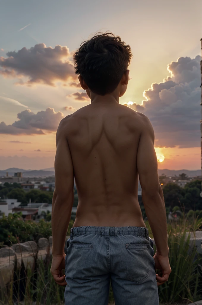 a boy (body position from behind) looking towards the sky (sunset)