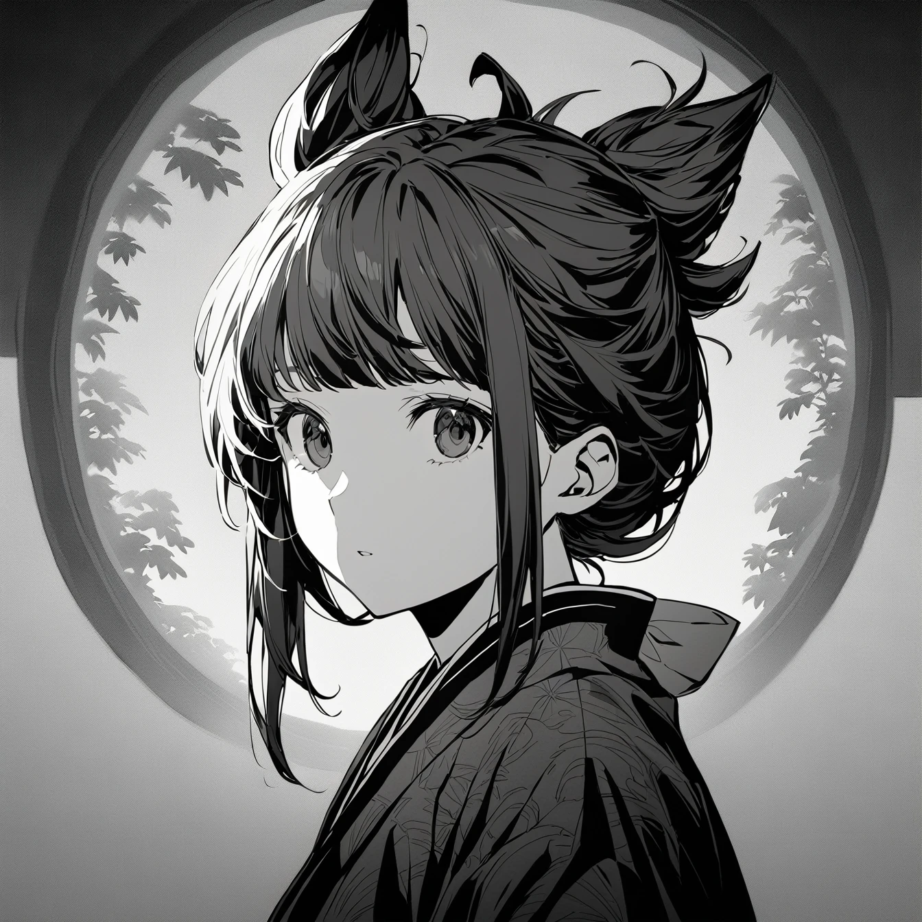 JK Girl，Beautiful anime portrait,Black monochrome，Oriental Wallpaper，Gray-black，Feeling，very anime style，Japanese Samurai，Sailor Suit，Half Body，Soft Light，Rich in details，The expression is firm，Kimono decoration，Background blur，Vivid colors，情Feeling深沉，front