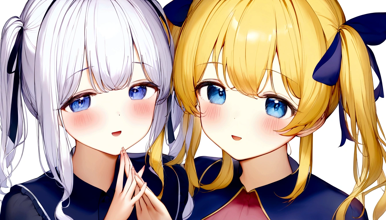 delicate、masterpiece、Highest quality、2 peopleの女の子、2 people、A girl with long white hair down and a blonde girl with twin tails、Both have blue eyes、White Background、Flat Color、2 peopleとも正面を向いている、sketch
