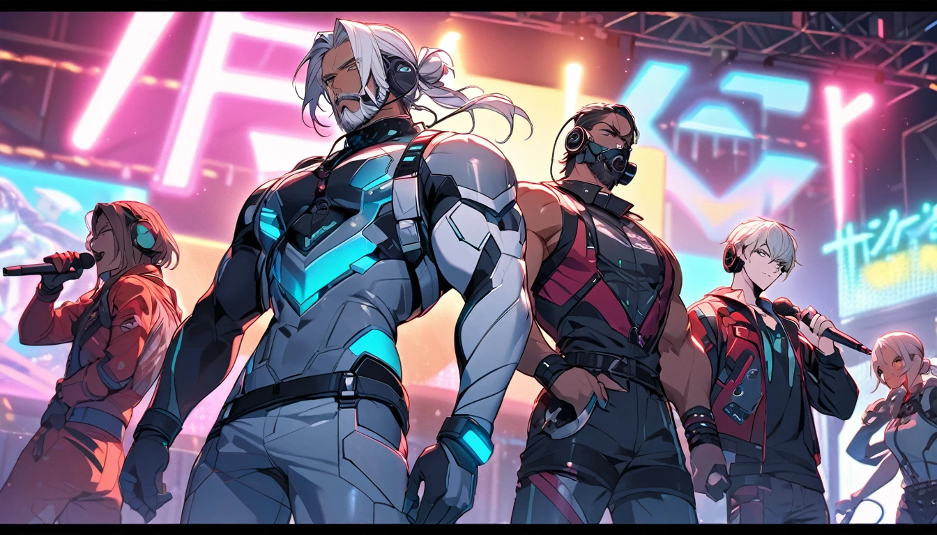 Handsome, single, muscular, with clear wash marks, male, black eyes, beard, hair tied into a bun, dark skin, white hair, headphones, neon-colored sci-fi robot suit. Mixes sci-fi and neon tones. Behind it is a robot with neon lights. In the background, a large robot was clearly singing on stage. Wear a gas mask, a neon shirt, and hold a cool microphone. and sing on stage Wear a gas mask.