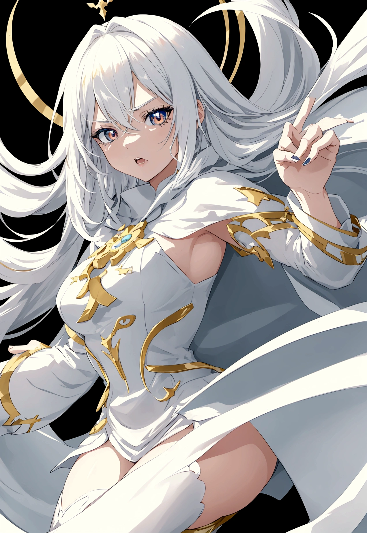 20 year old woman, anime style with a white and gold cape with creamy white hair, totally white pupilless eyes angry