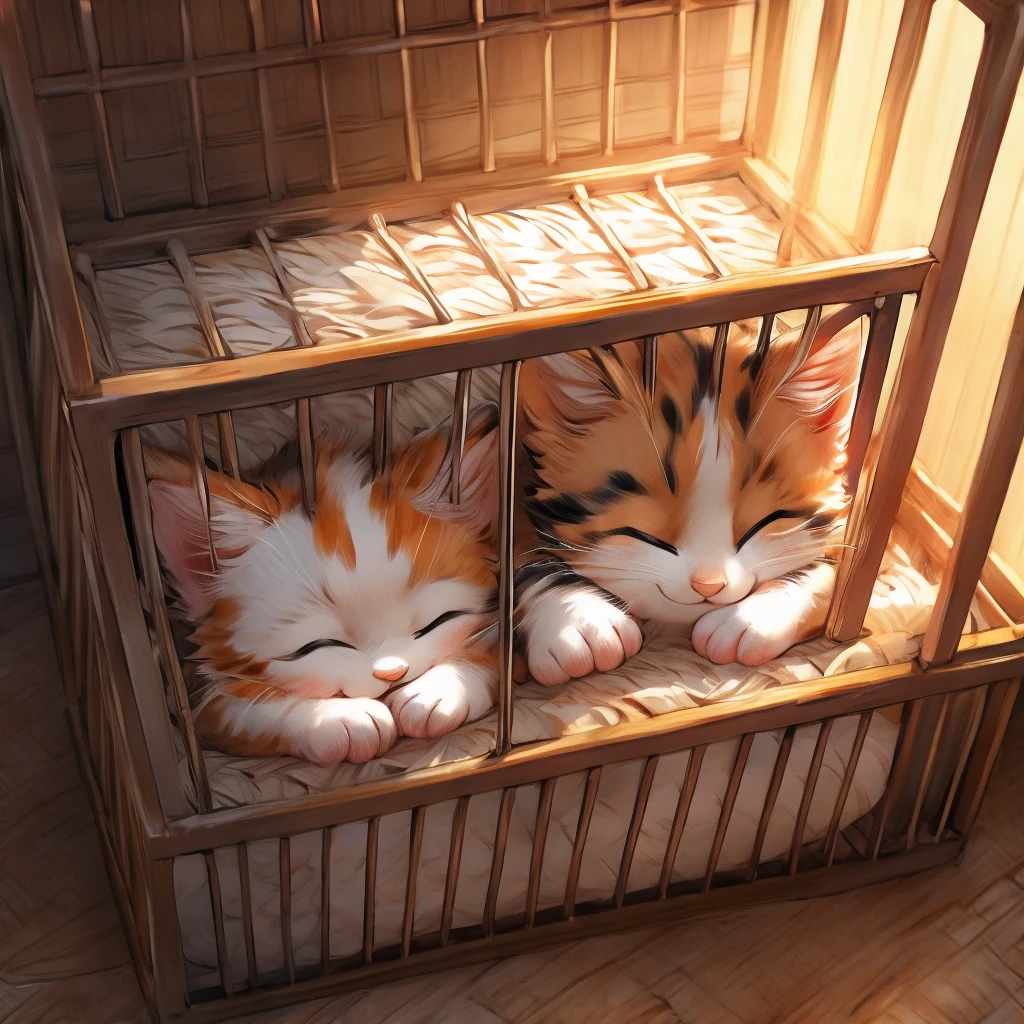 Calico kitten、Sleeping in a cage with a smile