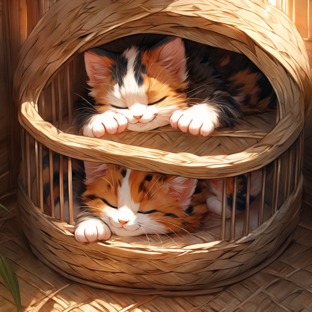 Calico kitten、Sleeping in a cage with a smile