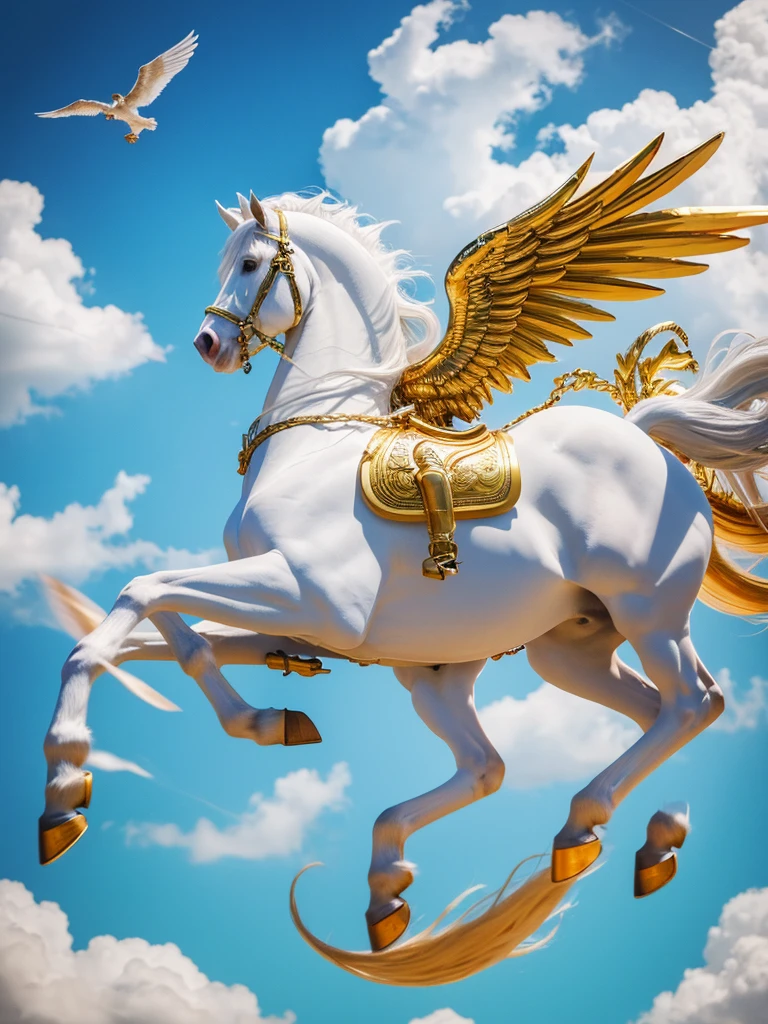 Highest quality,8K,photograph,One Pegasus,Pegasus is a fictional animal that originated in Greek mythology.,Appearance: A winged white horse,Golden wings and brass hooves,With a shining golden mane,Running through the sky faster than the wind,The tireless horse,Pegasus is a flying horse, said to be the messenger of Zeus, the supreme god of the sky, and can only be ridden with golden reins.,Pure White Pegasus,Long-winged Pegasus,The background is light blue
