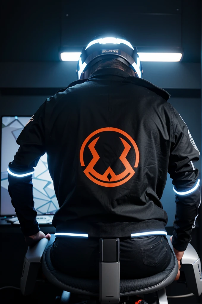 Design a vibrant 3d gaming logo with a DESIGNER character on the back that lights up, in the middle it says &quot;ARKHA DESIGN&quot;, background logo putih