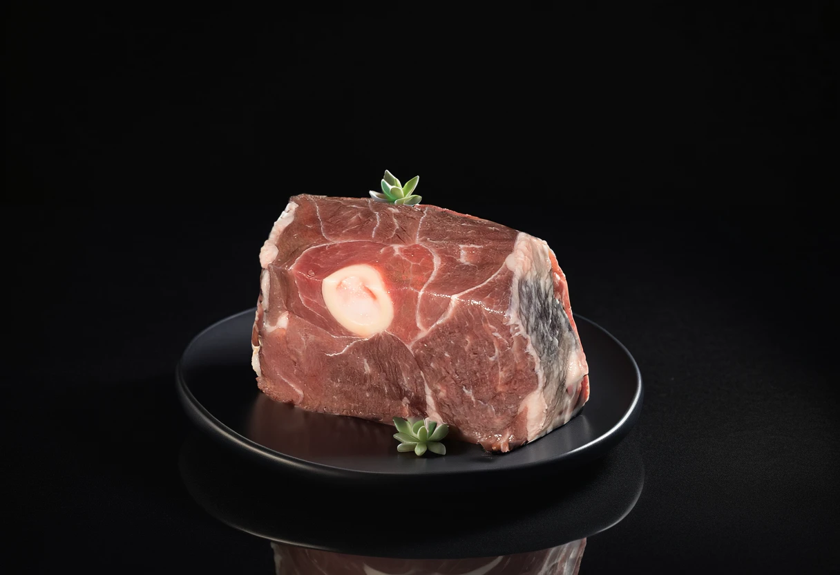 A succulent piece of meat is elegantly arranged on an exquisite white porcelain plate, set against the backdrop of a well-appointed kitchen. The plate features delicate patterns that add a touch of sophistication to the presentation