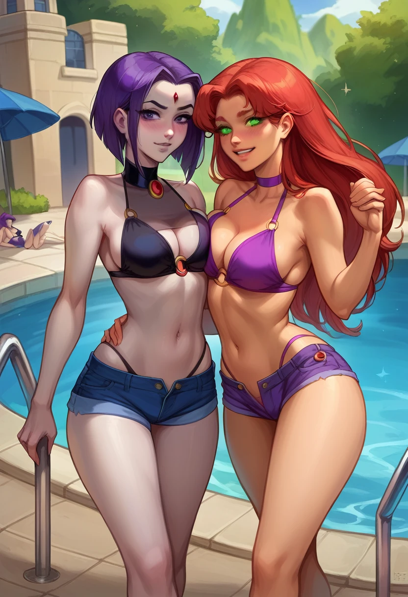 score_9, score_8_up, score_7_up,score_6_up, BREAK, source_western, 2girls, , erect nipples, beach, teen titans, raven, starfire, raven and starfire, erotica , tanned, nipples, erect nipples, large breasts, slutty, lesbians, pussy, fingering, completely nude