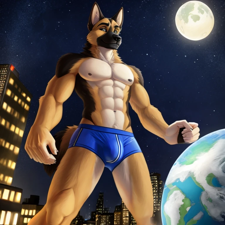German Shepherd, Anthro, Furry, Wearing Blue Underwear, Slim, behind him tiny planet earth And Night, his a 10000ft tall, Macro Size