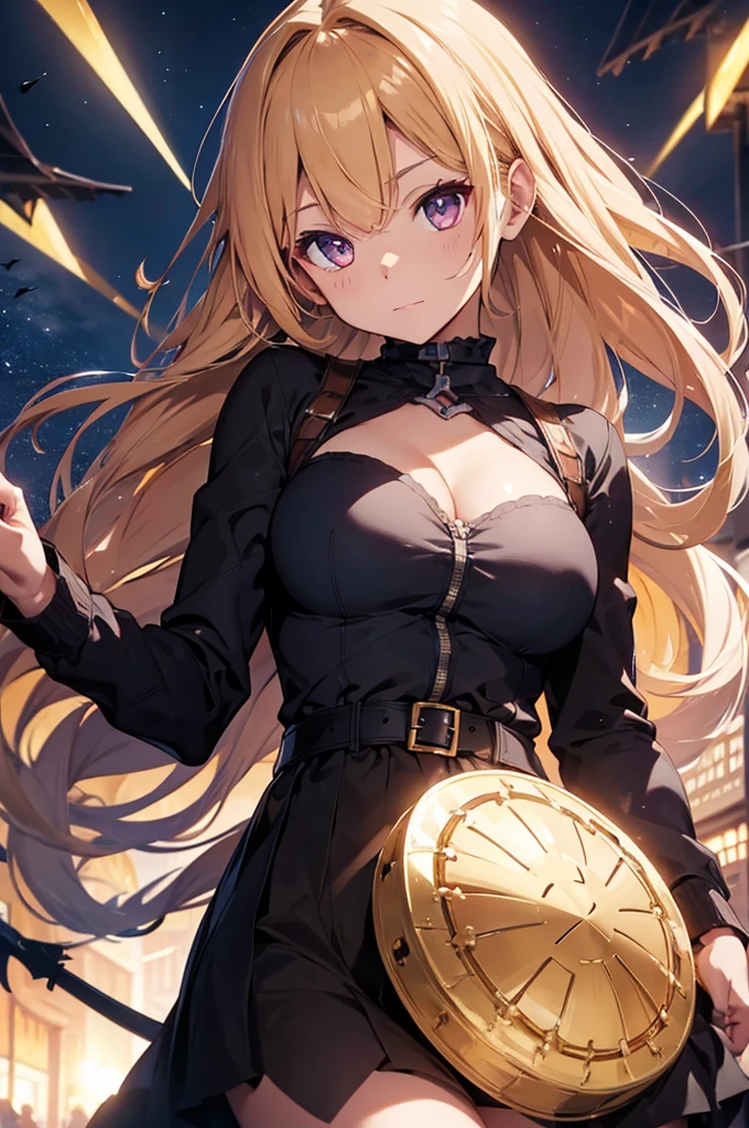 Dark Paladin,beautiful breasts,holding shield,spear,Hair Color is gold,hair style is sideponytali, hair over one eye,high Quality,best quality