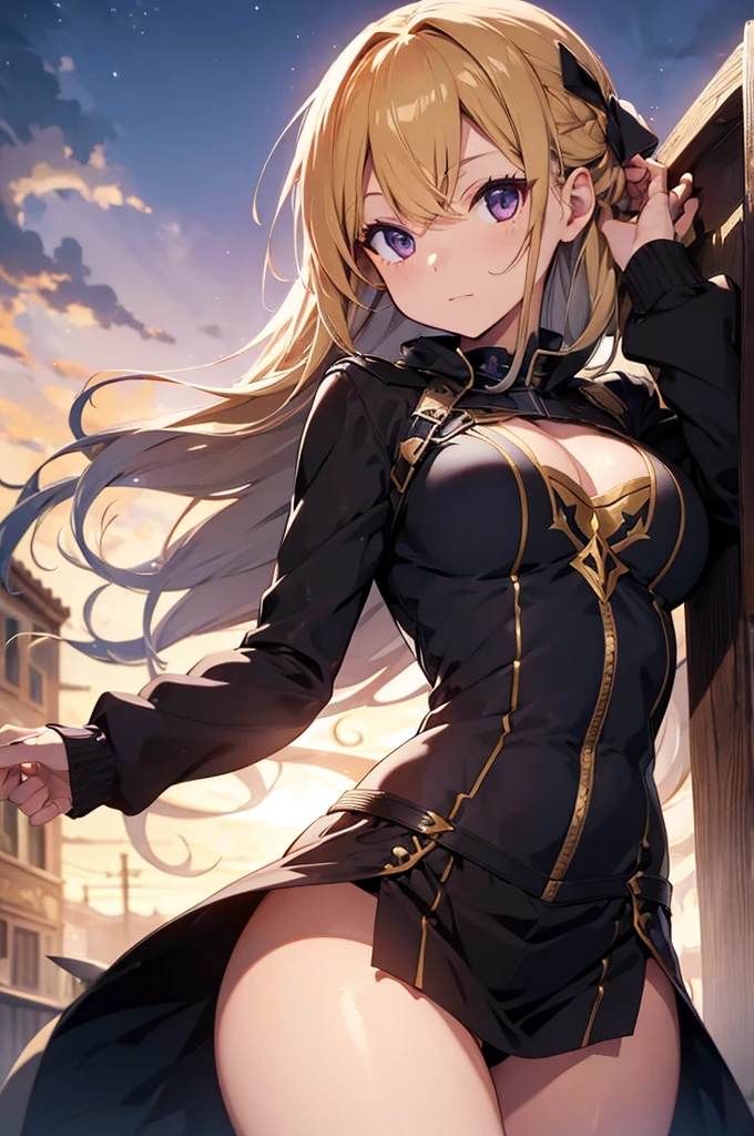 Dark Paladin,beautiful breasts,holding shield,spear,Hair Color is gold,hair style is sideponytali, hair over one eye,high Quality,best quality