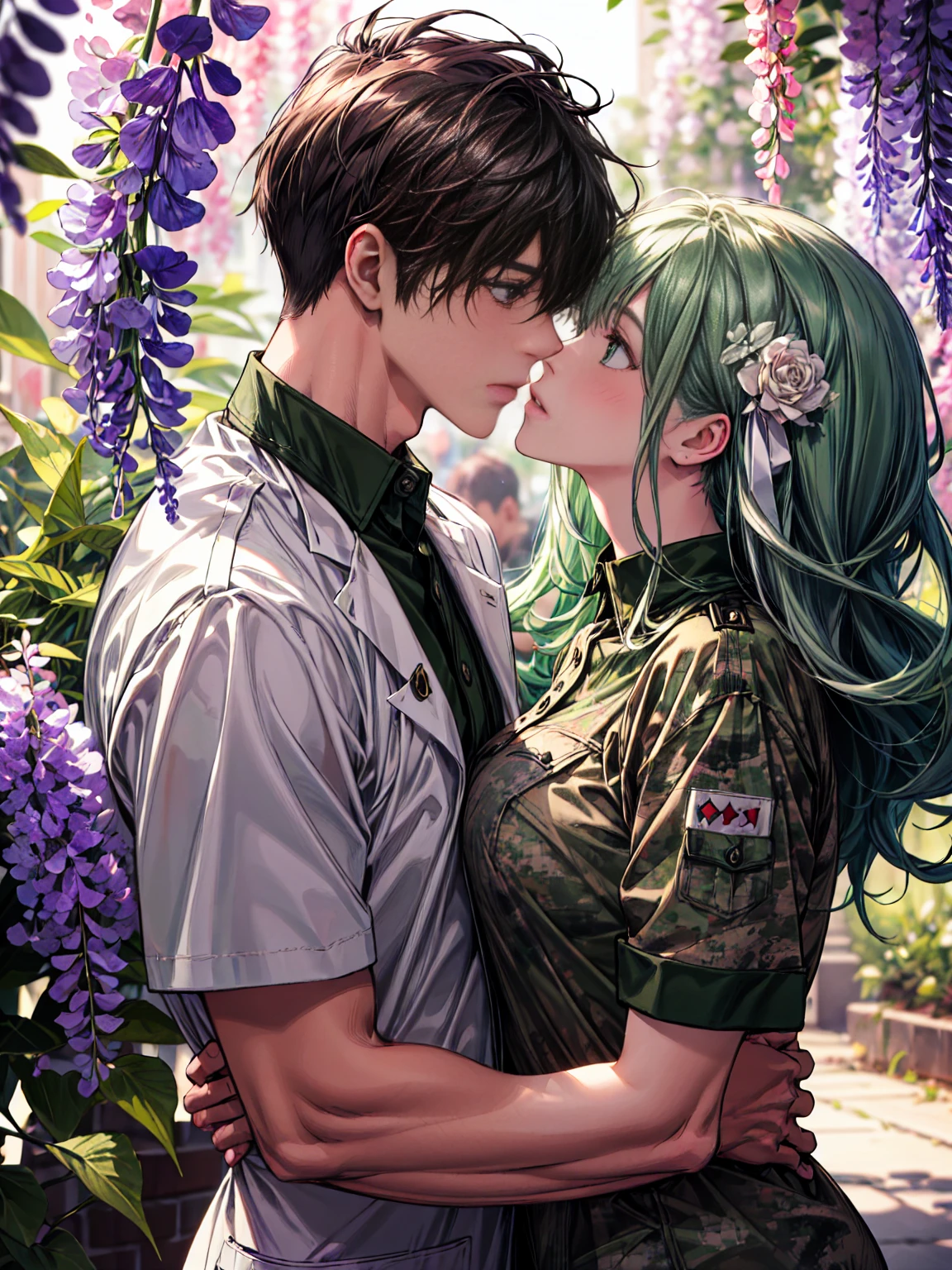 ((absurdres, higher, ultra HD)) 1 male, 1 female,mature, kissing each other, guy is front of her slightly bend towards her, (Man in green camouflage uniform), (woman in white nurse's uniform), wisteria flower around them, beautiful, scenary, romantic,((calm and romantic expression:1.2)) ,pixiv, digital painting, mascular man, beautiful elegant woman, (gray stylish hair for man), (brown long hair for woman)