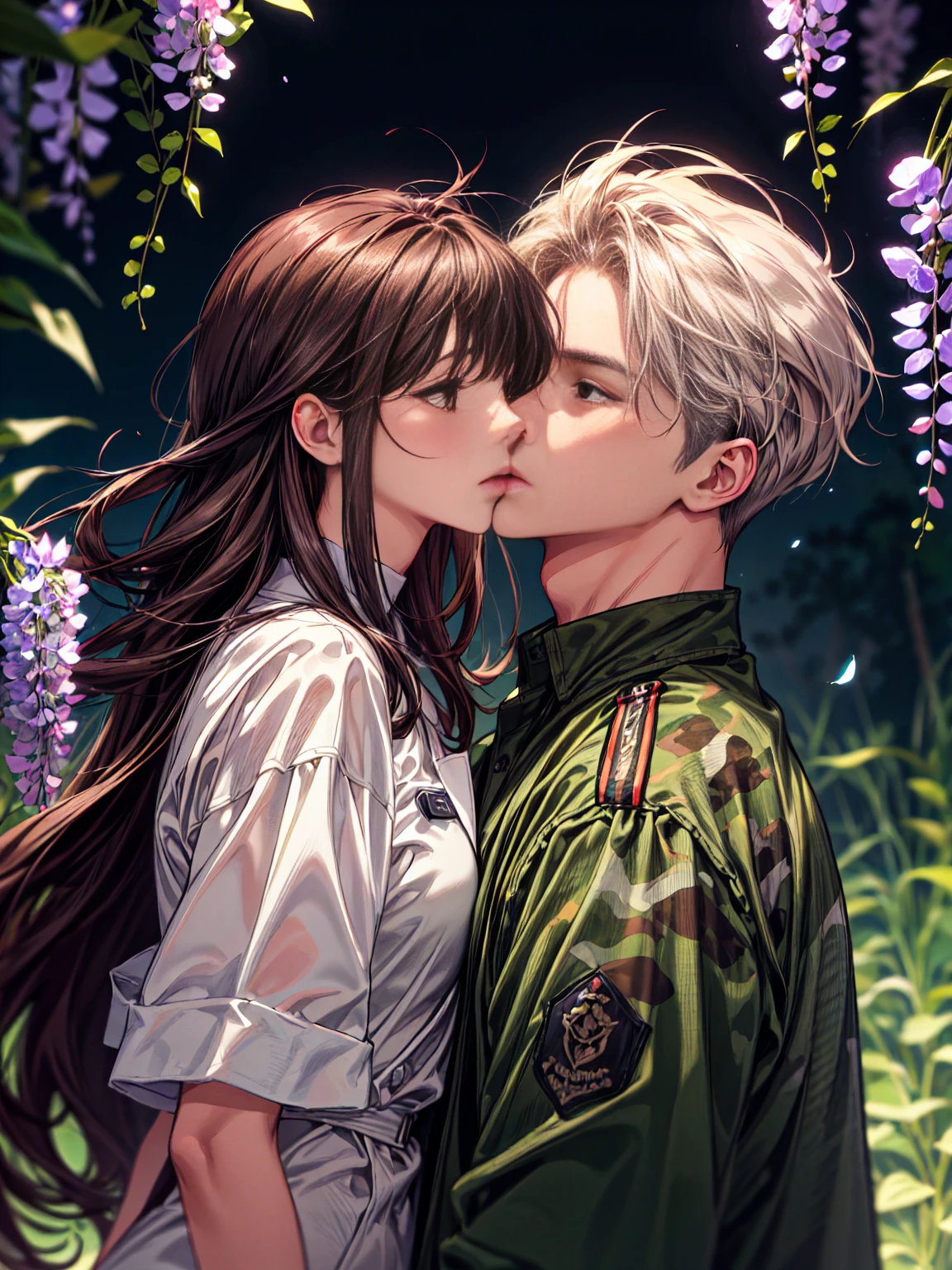 ((absurdres, higher, ultra HD)) 1 male, 1 female,mature, kissing each other, guy is front of her slightly bend towards her, (Man in green camouflage uniform), (woman in white nurse's uniform), wisteria flower around them, beautiful, scenary, romantic,((calm and romantic expression:1.2)) ,pixiv, digital painting, mascular man, beautiful elegant woman, (gray stylish hair for man), (brown long hair for woman)